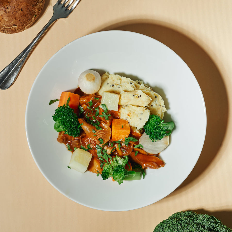 Mushroom Bourguignon with Roasted Root Vegetables & Mustard Mashed Potatoes