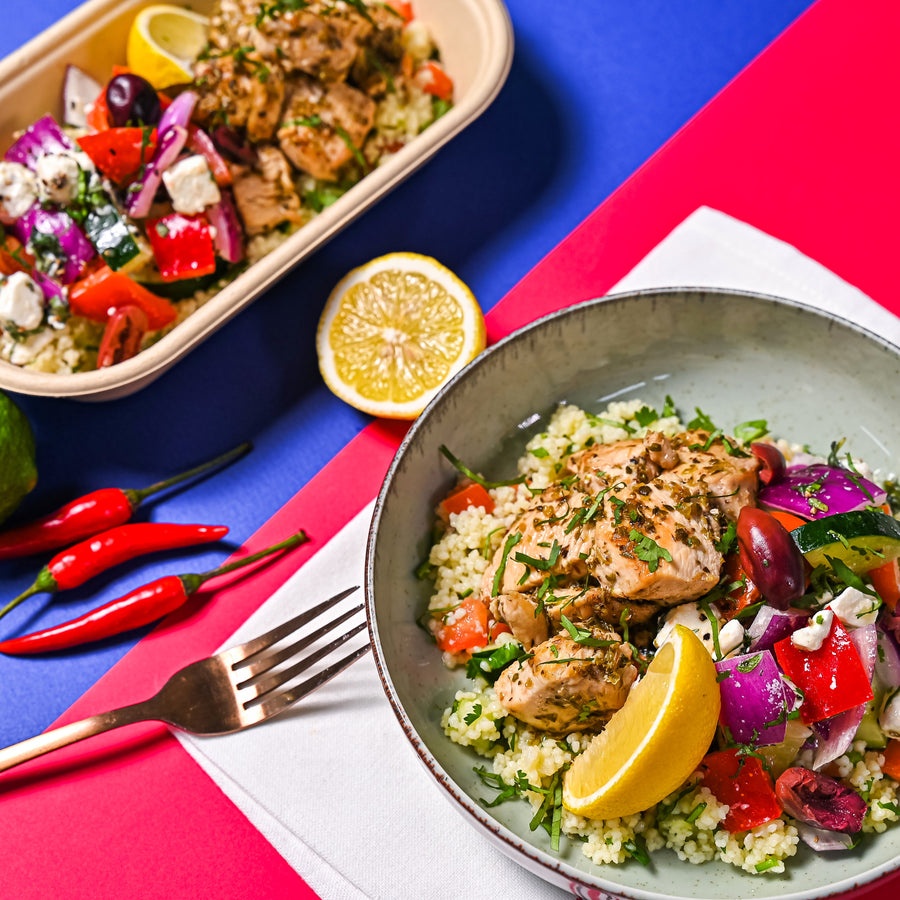 Greek Lean Chicken Salad Power Bowl with Feta, Black Olives & Lemon Oregano Vinaigrette