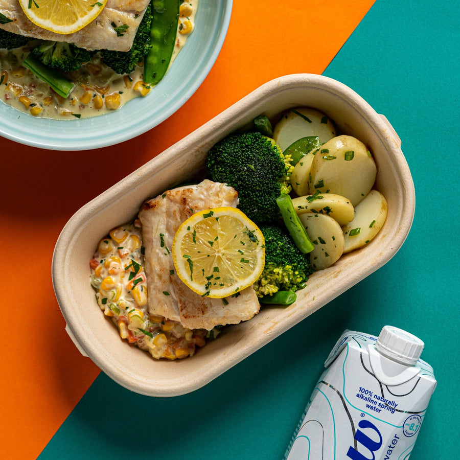 Steamed Plant-Based Fish Fillet in Chowder Sauce with Green Vegetables & Steamed Potatoes and Scallions