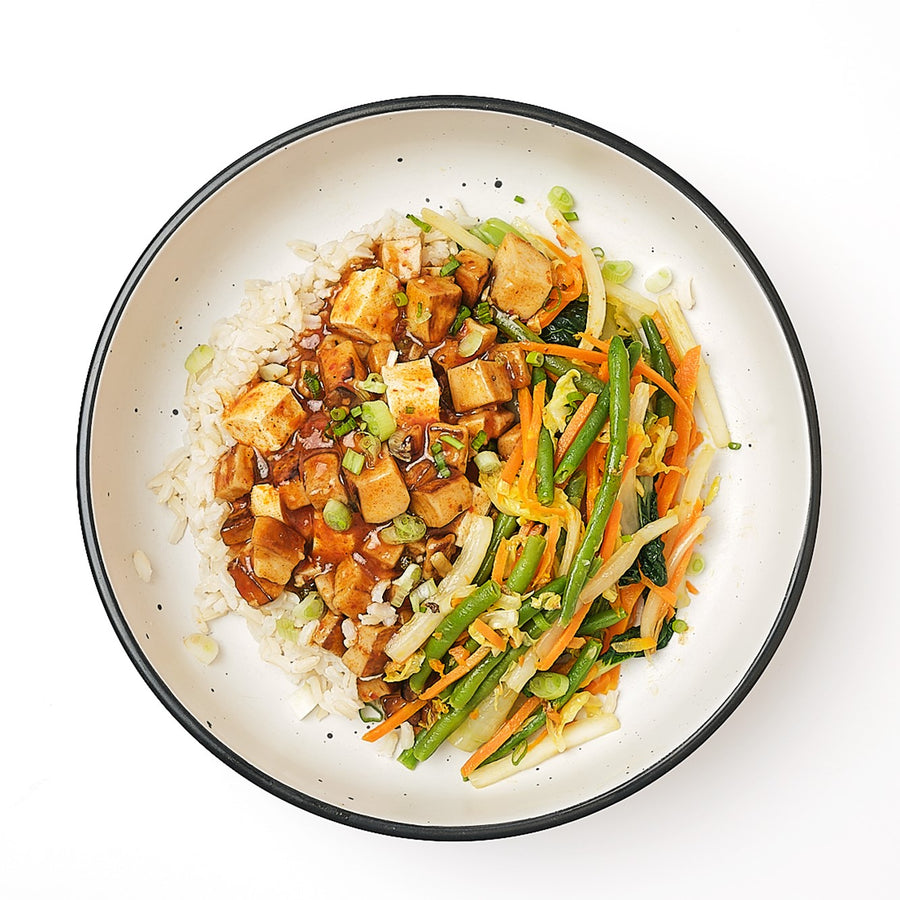 King Oyster Mushroom Ma-Po Tofu with Sauteed Cabbage, Bok Choi, Carrots, Green Beans & Steamed Brown Rice