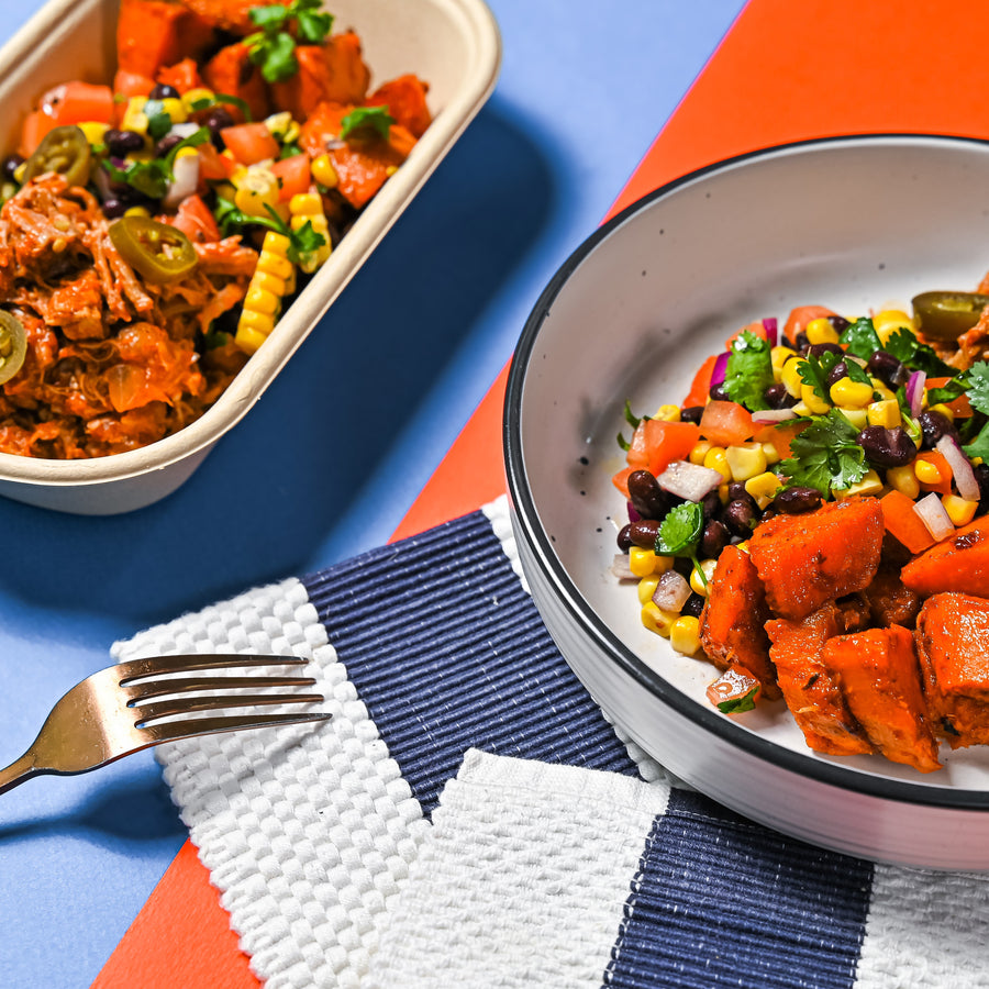 Pulled Pork with Mexican Street Corn, Queso, & Chipotle Lime Roasted Sweet Potatoes