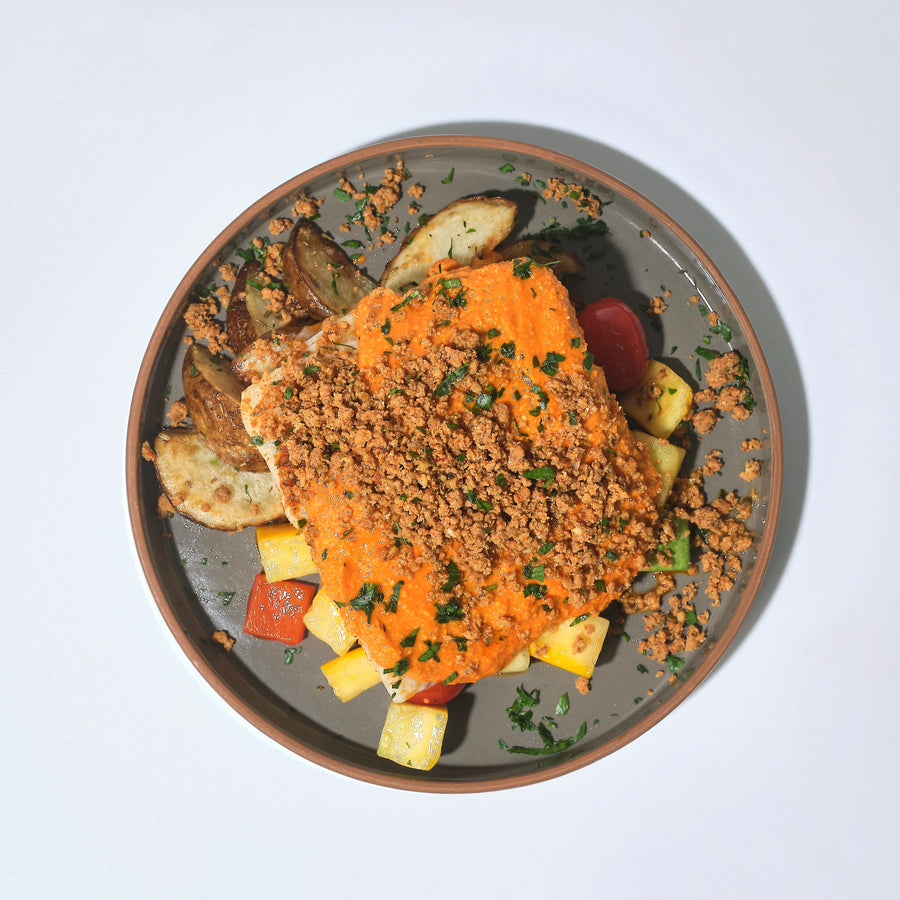 Fish Fillet in Romesco Sauce with Chorizo, Zucchini, Peppers & Tomato