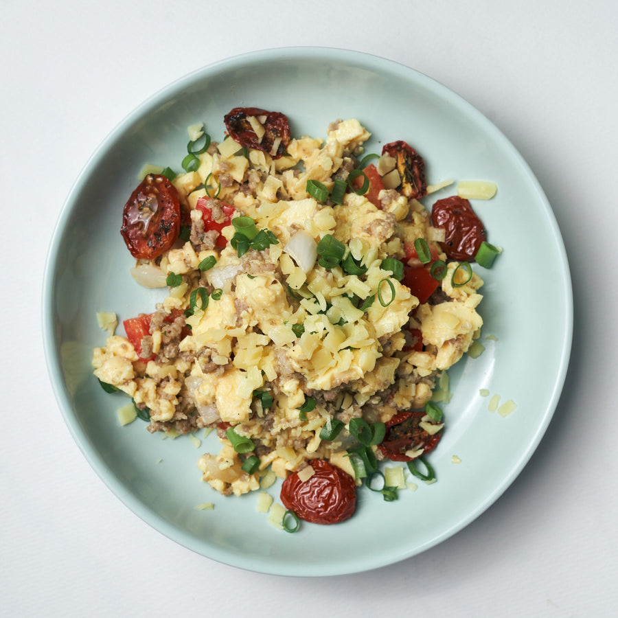 Scrambled Egg Hash with Italian Sausage Crumble & Oven Roasted Cherry Tomatoes