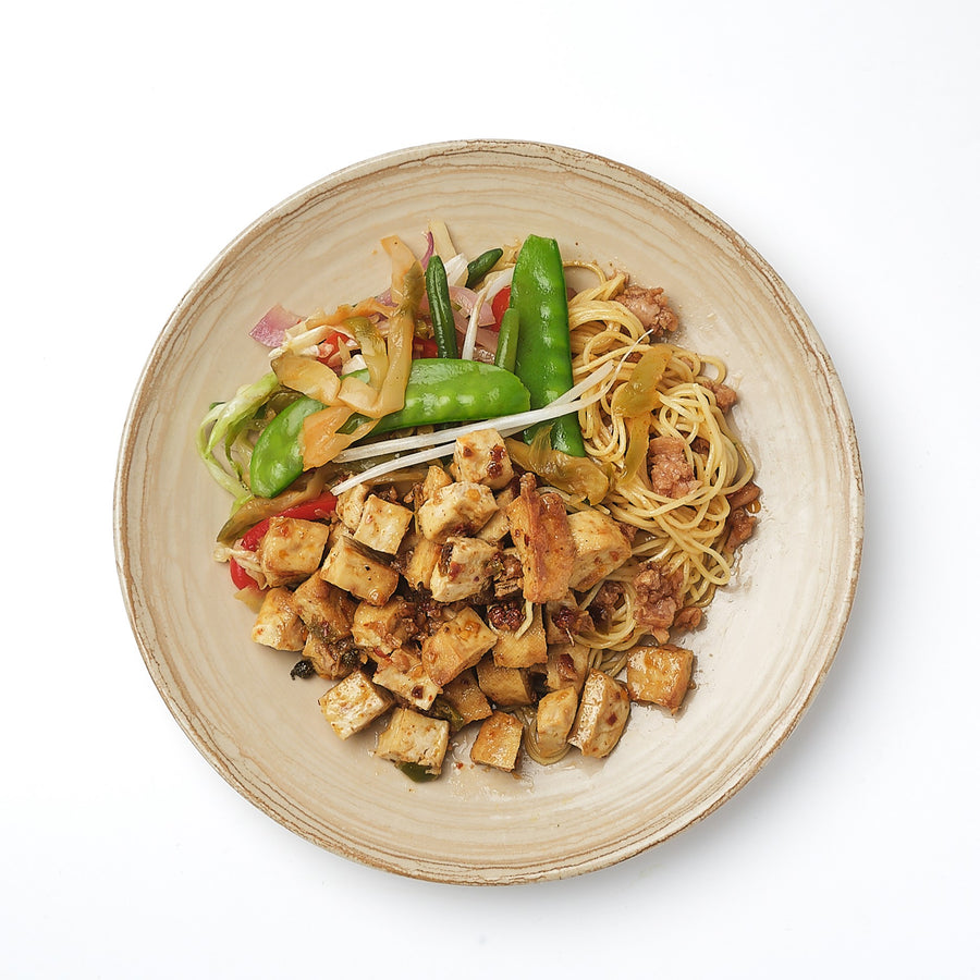 Sichuan Marinated Tofu with Sauteed Cabbage, Green Beans & Dan Dan Noodles