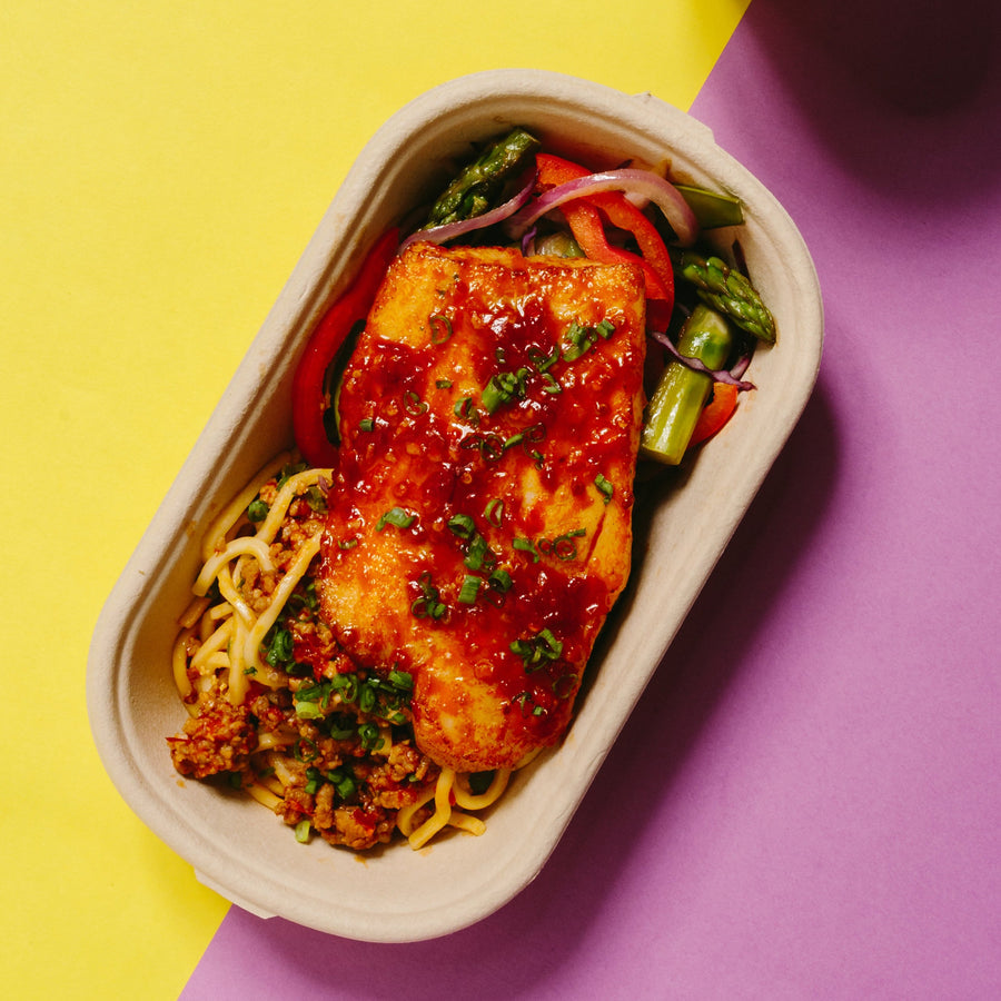 Sichuan Marinated Fish Fillet with Sauteed Cabbage, Green Beans & Sichuan Dan Dan Noodles