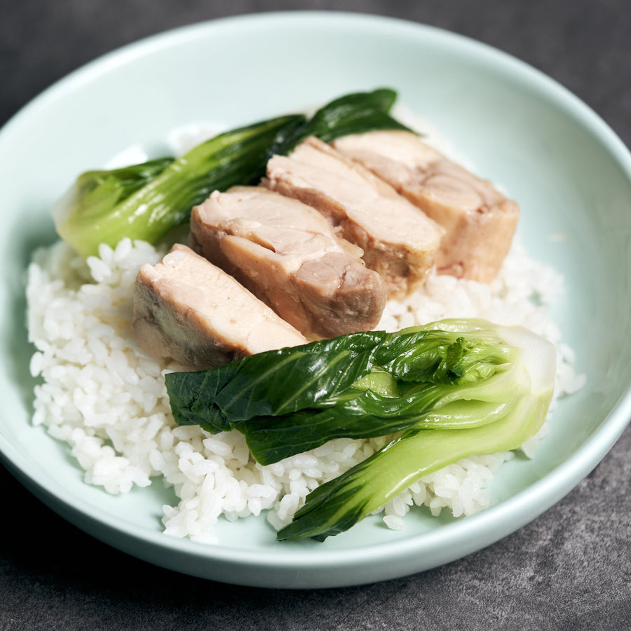 Slow Cooked Chicken Thigh with Sand Ginger, Steamed Choi Sum & Steamed Jasmine Rice