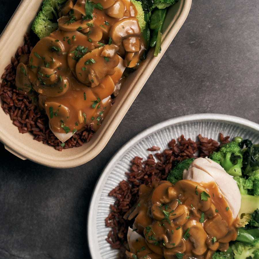 Sous Vide Chicken Breast in Mushroom Gravy with Mixed Green Vegetables