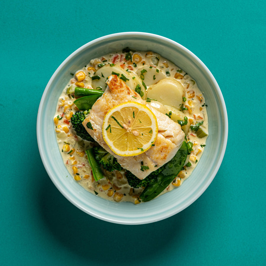 Steamed Plant-Based Fish Fillet in Chowder Sauce with Green Vegetables & Steamed Potatoes and Scallions