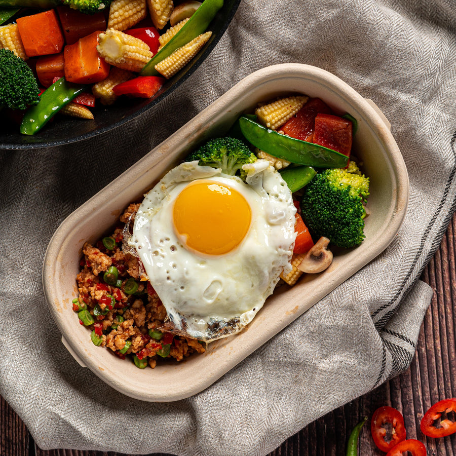 Thai Stir Fried Lean Minced Chicken with Fresh Thai Herbs, Fried Egg & Steamed Brown Rice