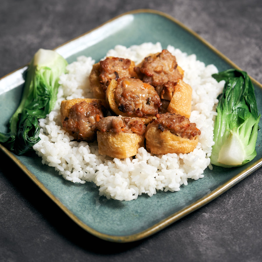 Stuffed Tofu In Hakka Style with Minced Pork, Shiitake Mushrooms & Steamed Jasmine Rice