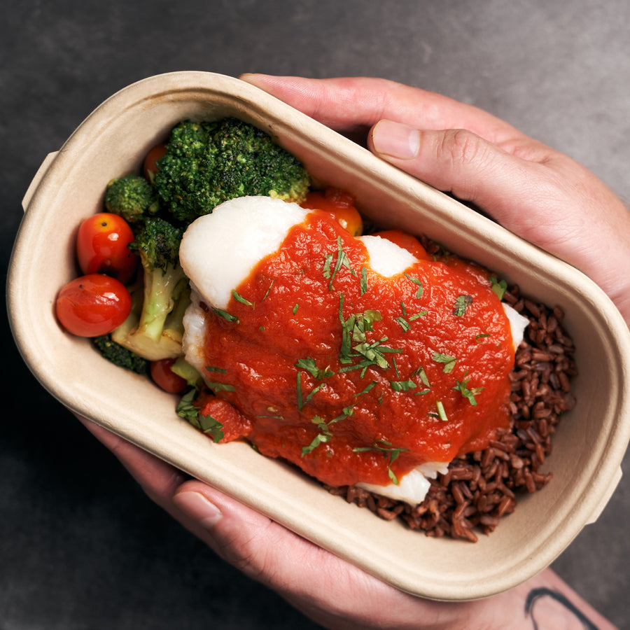 Tamarind and Pineapple Fish Fillet with Roasted Broccoli, Tomatoes, Asam Sambal & Steamed Brown Rice