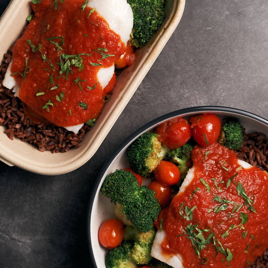 Tamarind and Pineapple Fish Fillet with Roasted Broccoli, Tomatoes, Asam Sambal & Steamed Brown Rice