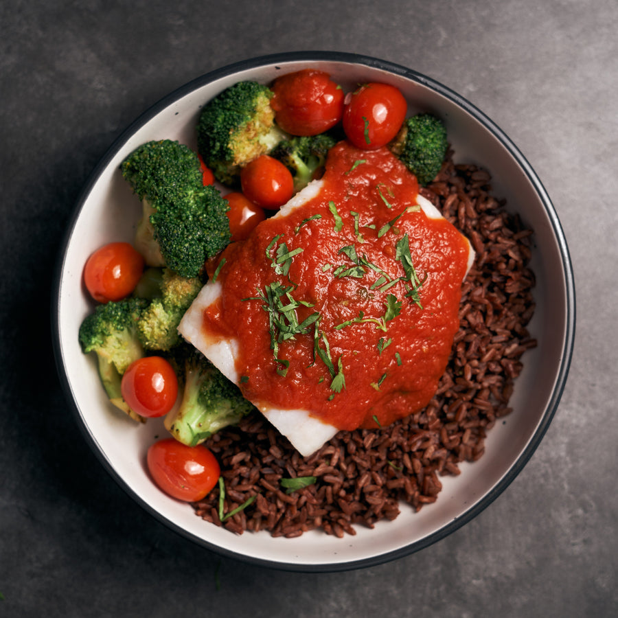 Tamarind and Pineapple Fish Fillet with Roasted Broccoli, Tomatoes, Asam Sambal & Steamed Brown Rice