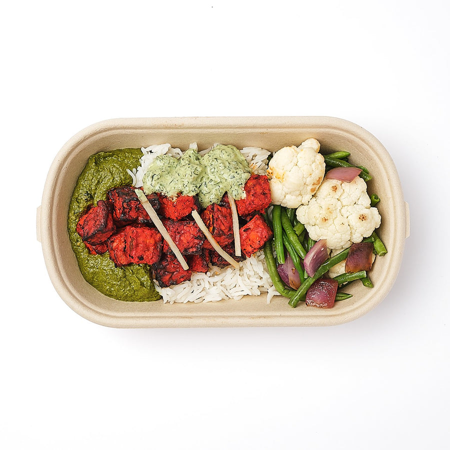 Tandoori Tempeh with Cauliflower, Green Beans, Roasted Onions, Palak, Mint Yoghurt & Steamed Basmati Rice