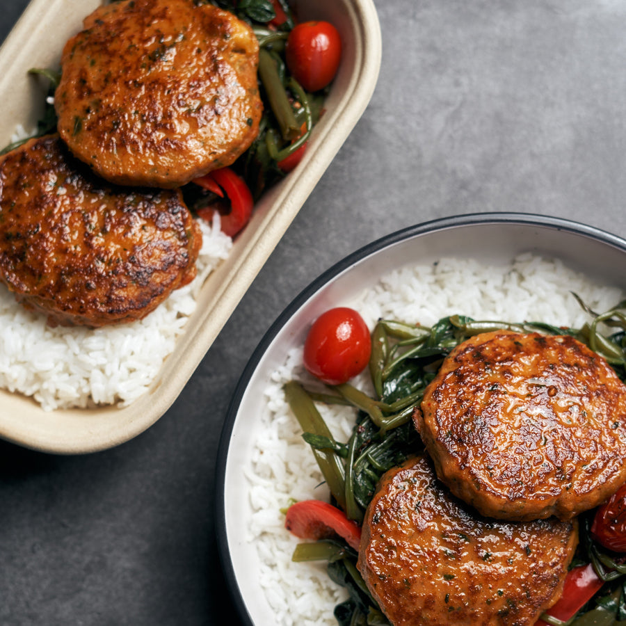 Thai Style Fish Cakes with Sauteed Morning Glory, Nuoc Cham & Steamed Pandan Coconut Rice