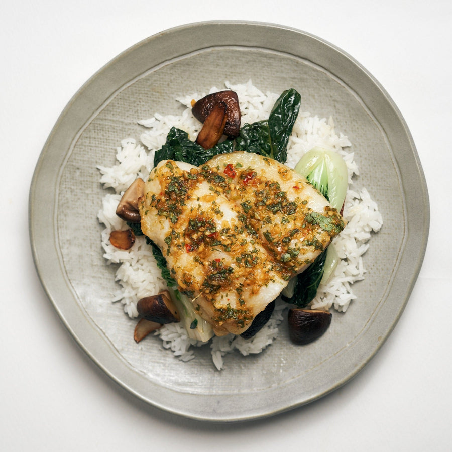 Thai Style Steamed Fish with Bok Choi, Ginger & Shiitake Mushrooms