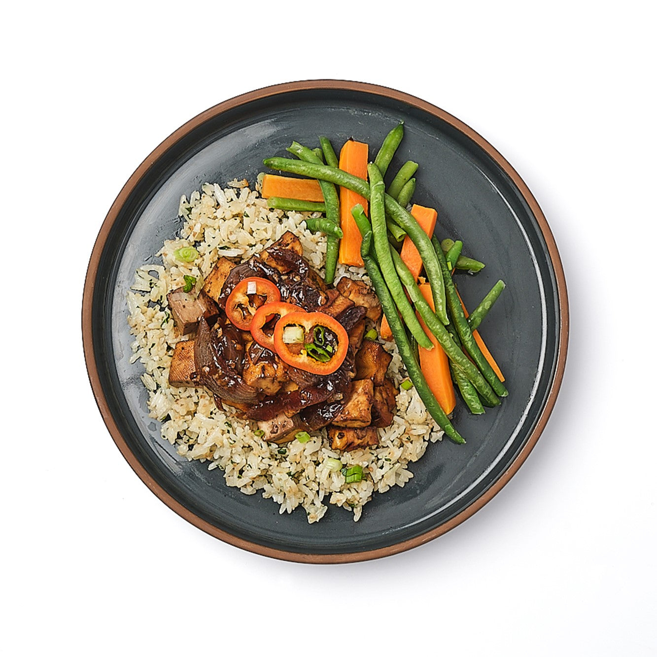 Tofu Adobo with Steamed Green Beans & Garlic Fried Rice