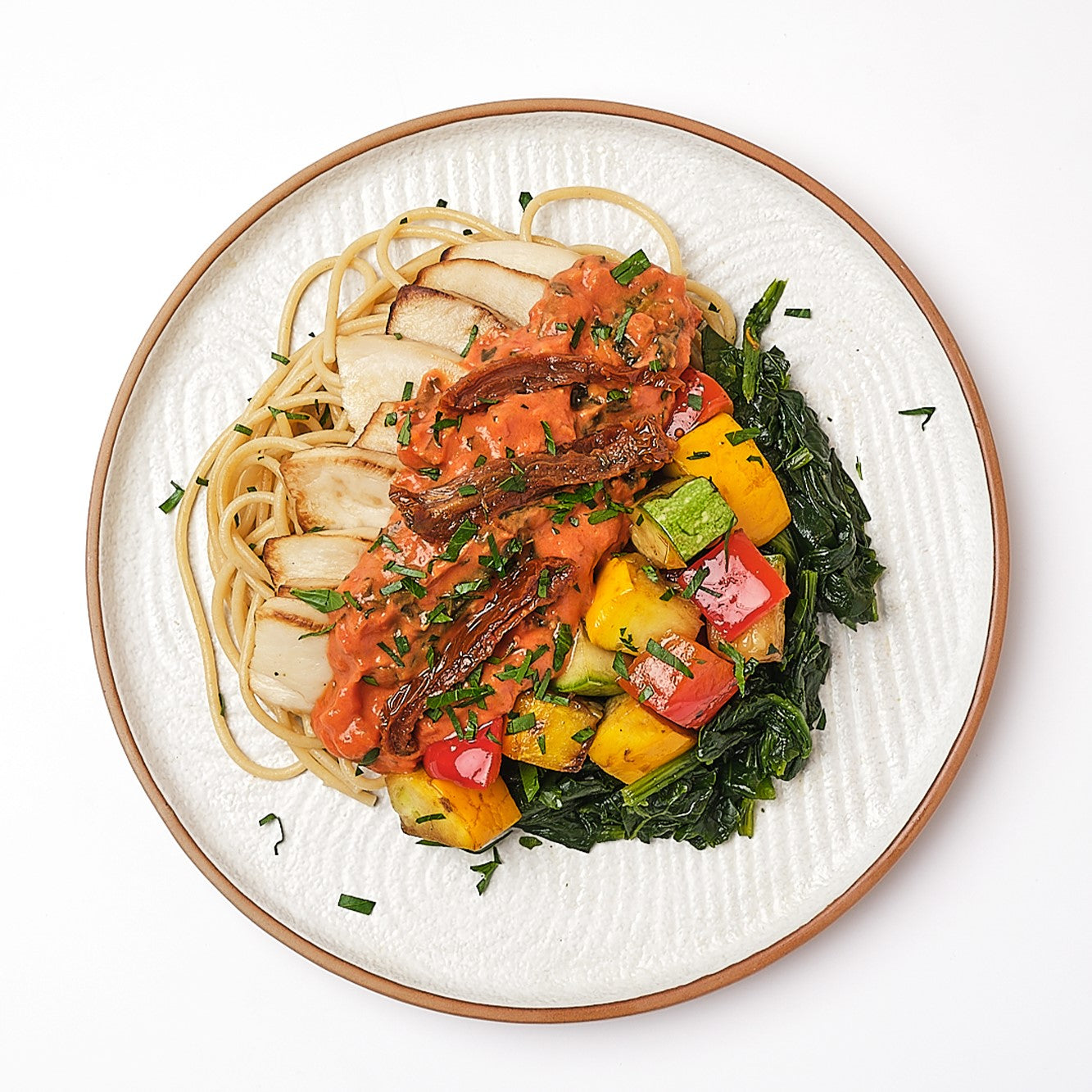 Tuscan King Oyster Mushrooms with Sundried Tomatoes, Spinach, Zucchini & Spaghetti