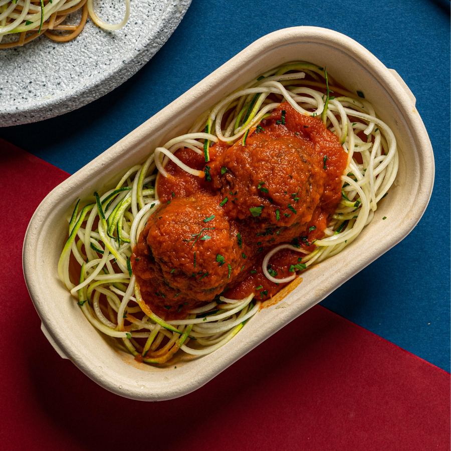 Italian Plant-Based Beef Meatballs with Low Fat Marinara Sauce, Zucchini & Spaghetti