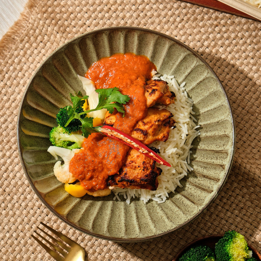 低脂肪 印度烤雞 跟 西蘭花, 西蘭花，櫻桃番茄和蒸印度香米