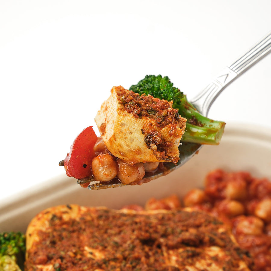 Chermoula Marinated Tofu with Roasted Morrocan Vegetables & Spiced Chickpeas