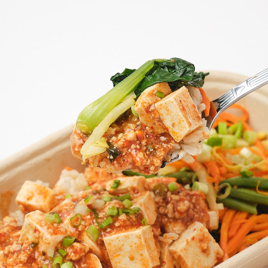 Chicken Ma-Po Tofu with Sauteed Cabbage, Bok Choy, Carrots, Green Beans & Steamed Brown Rice (Asian)