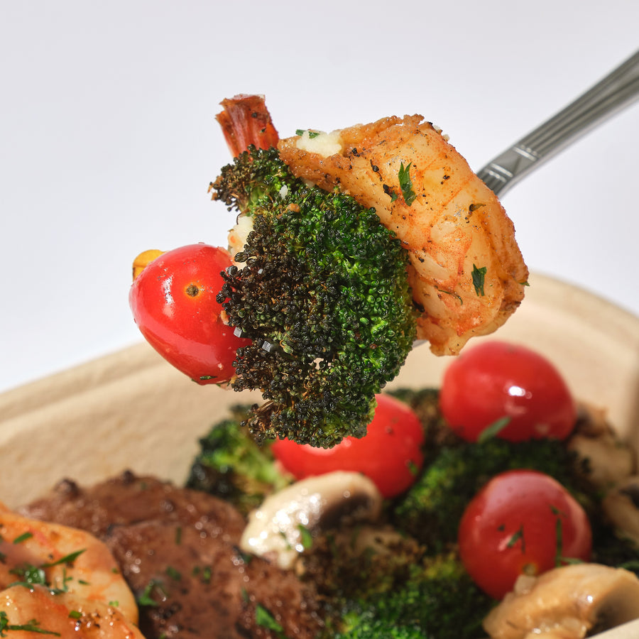 Surf & Turf with Beef Fillet Mignon, Cajun Shrimp, Charred Broccoli, Mushroom, Cherry Tomato, Bordelaise Sauce & Mashed Potato