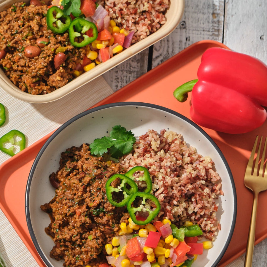 Pasture Fed Beef Chili with Charred Corn, Roasted Peppers, Tomatoes & Cheddar Cheese