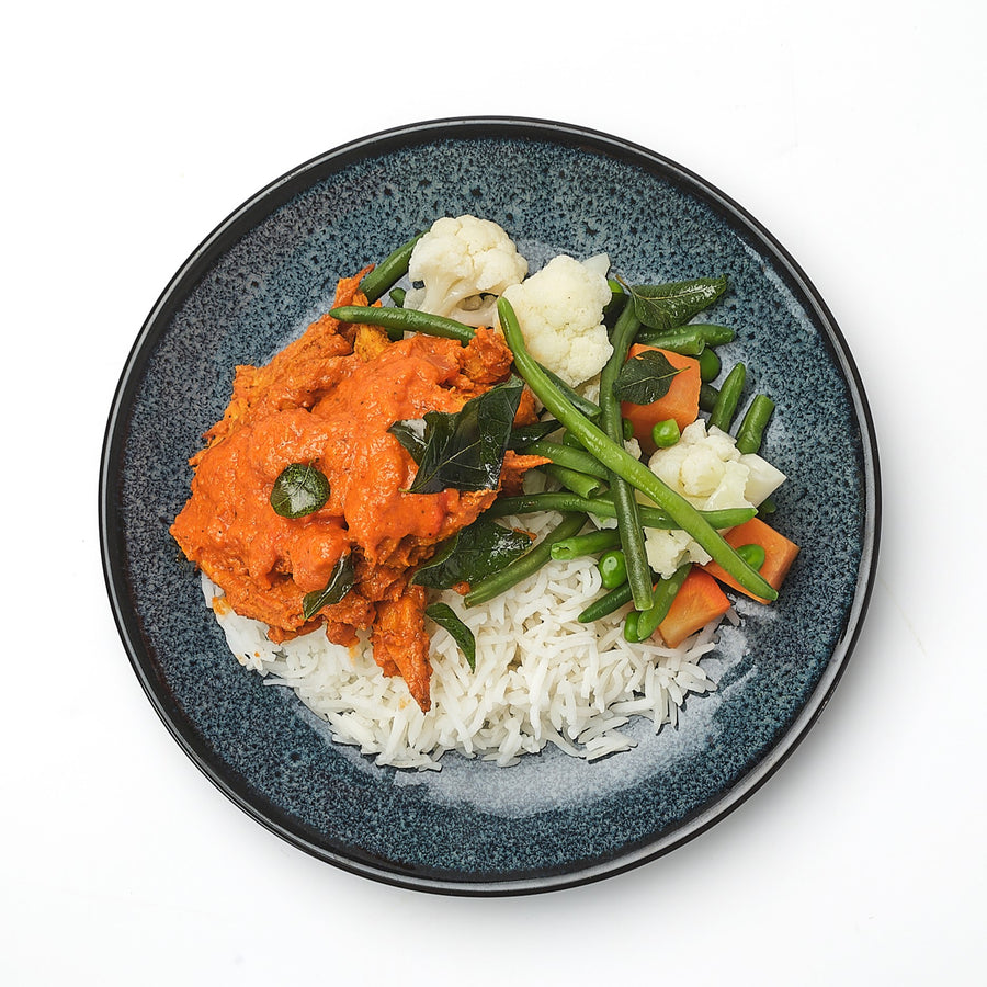 Plant-Based Chicken Curry with Tomato, Cauliflower, Green Beans & Steamed Basmati Rice