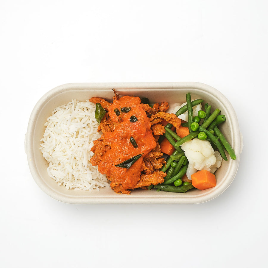 Plant-Based Chicken Curry with Tomato, Cauliflower, Green Beans & Steamed Basmati Rice