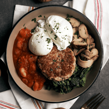 Poached Eggs and Italian Sausage Patty with Tuscan Baked Beans