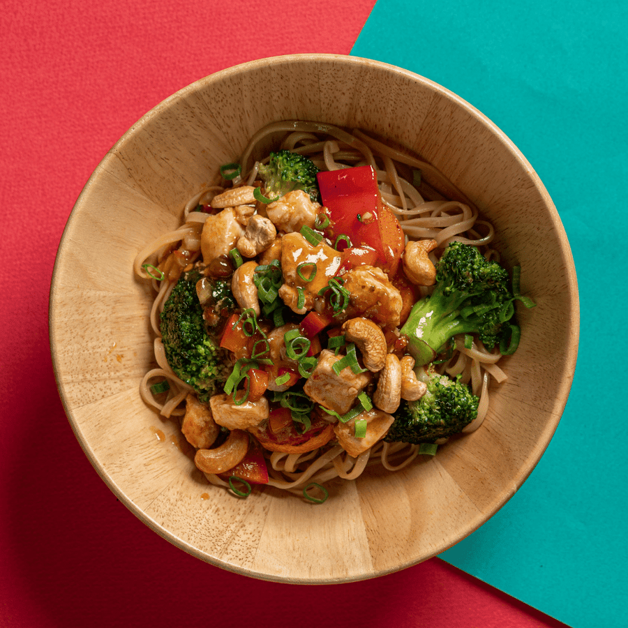 Kung Pao Plant-Based Chicken with Cashews, Mixed Vegetable Stir Fry & Egg Noodle