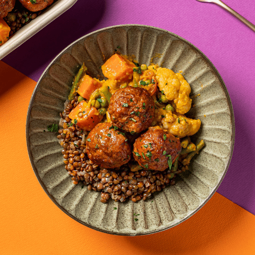 Indian Style Lamb Meatball with Stir Fried Vegetables, Mint Yogurt