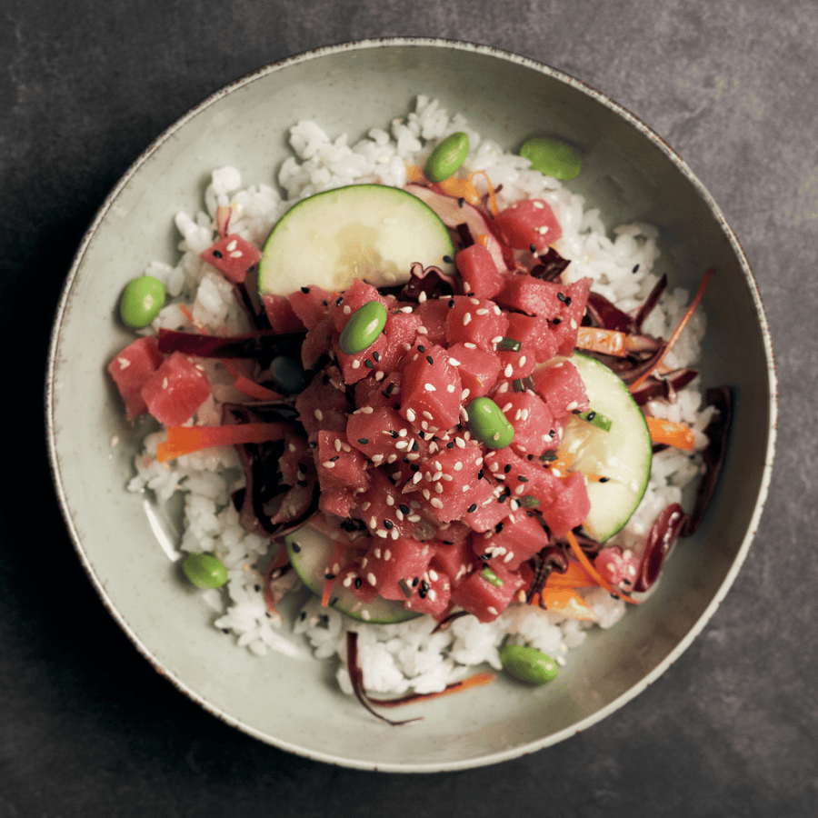 Tuna Poke Bowl with Yuzu Pickled Vegetables & Edamame
