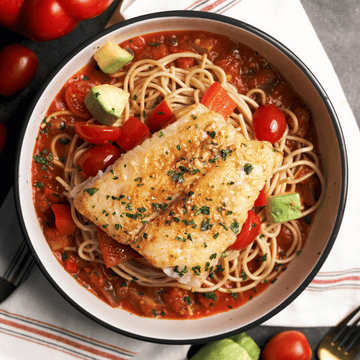 Roasted Sole Fish with Eggplant Caponata, Zucchini, Red Peppers, Cherry Tomato & Whole Wheat Spaghetti