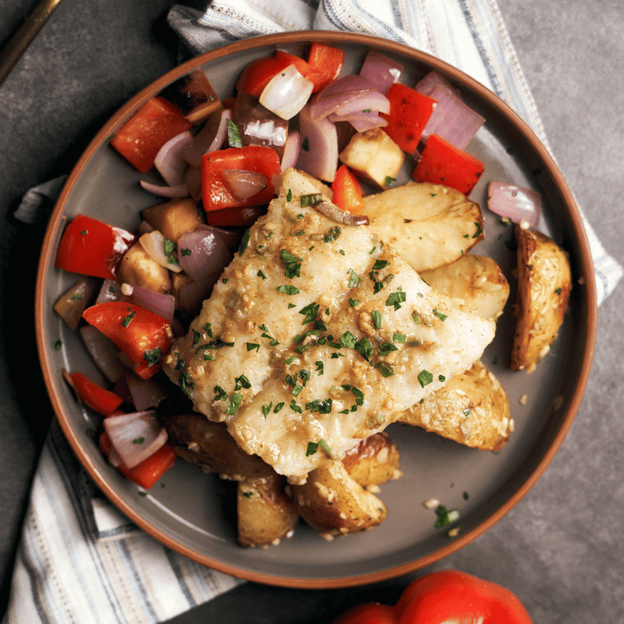 Mediterranean Roasted Sole Fish with Roasted Eggplant, Peppers & Greek Style Potatoes