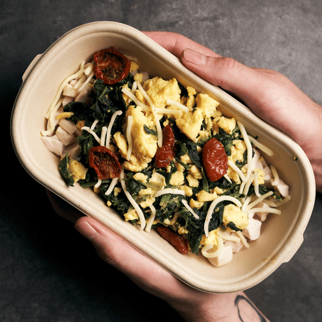 High Protein Scrambled Eggs Florentine with PlantBased Chicken, Cream Nutrition Kitchen HK