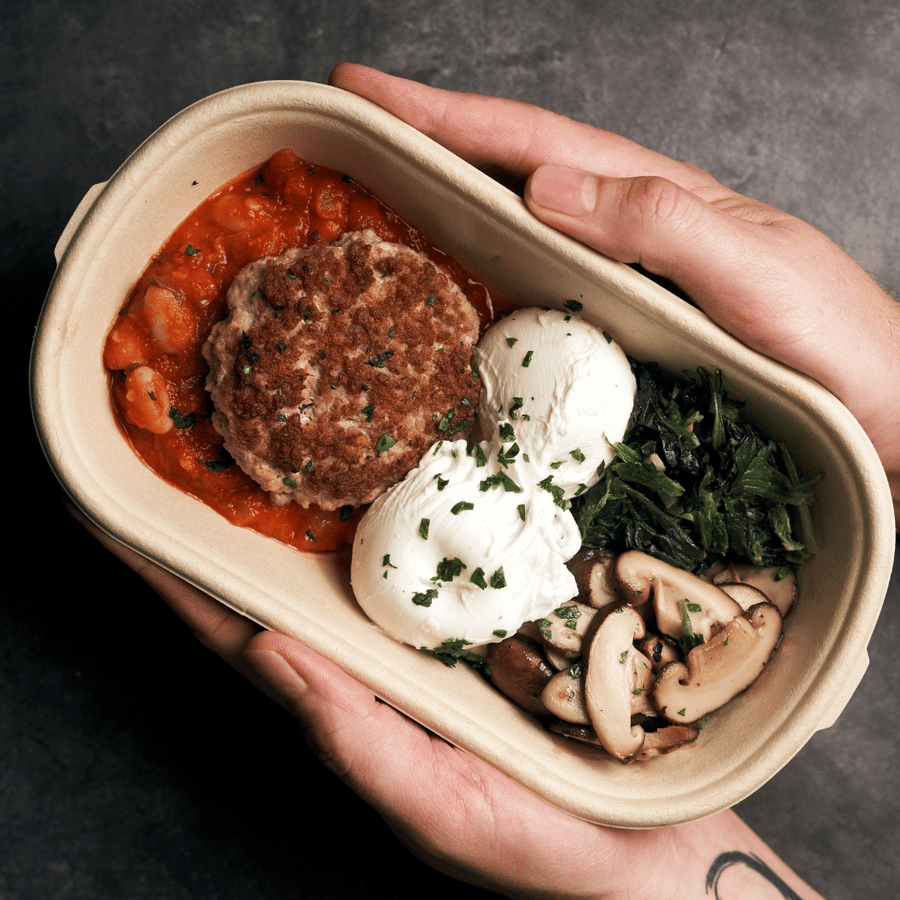 Poached Eggs and House-Made Italian Sausage with Low Fat Tuscan Baked Beans