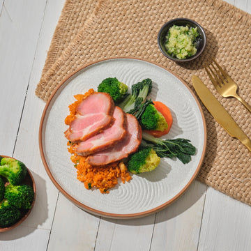 Char Siu Pork Shoulder with Seasonal Market Vegetables, Ginger, Scallions & Fried Rice