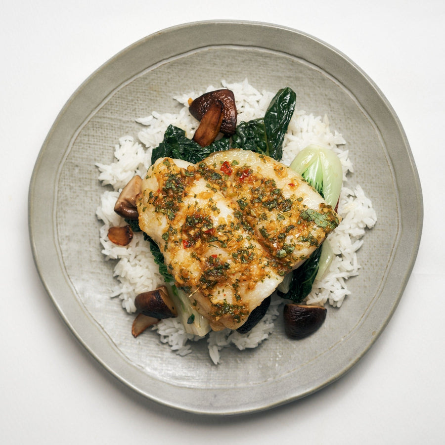 Thai Style Steamed Plant-Based Fish with Bok Choi, Ginger, Shiitake Mushrooms & Steamed Jasmine Rice