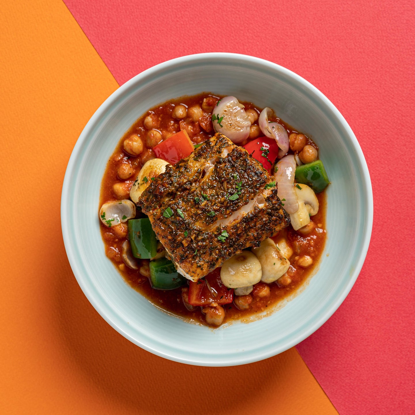 Chermoula Marinated Baked Mahi Mahi with Roasted Morrocan Vegetables & Spiced Chickpeas