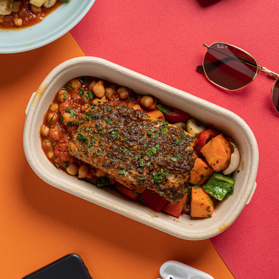 Chermoula Marinated Baked Mahi Mahi with Roasted Morrocan Vegetables & Spiced Chickpeas