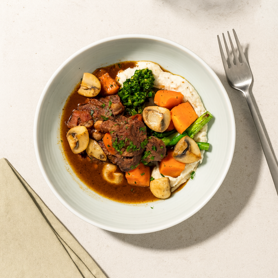Classic French Beef Bourguignon with Pearl Onions, Roasted Root Vegetables & Mustard Mashed Potatoes