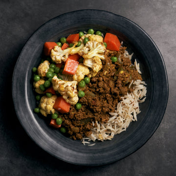 Beef Keema Minced Curry with Green Peas, Carrots & Curried Cauliflower