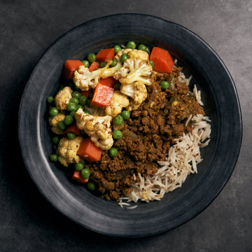 Beef Keema Minced Curry with Green Peas, Carrots, Curried Cauliflower & Jeera Rice