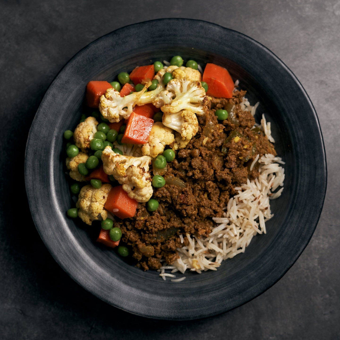 Low Fat Plant-Based Beef Keema with Green Peas, Carrot, Curried Cauliflower & Jeera Rice