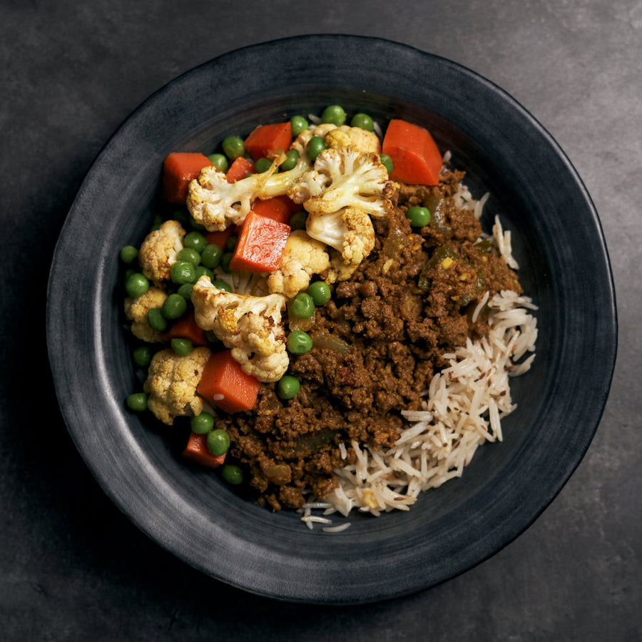 Low Fat Plant-Based Beef Keema with Grean Peas, Carrot, Curried Cauliflower & Jeera Rice