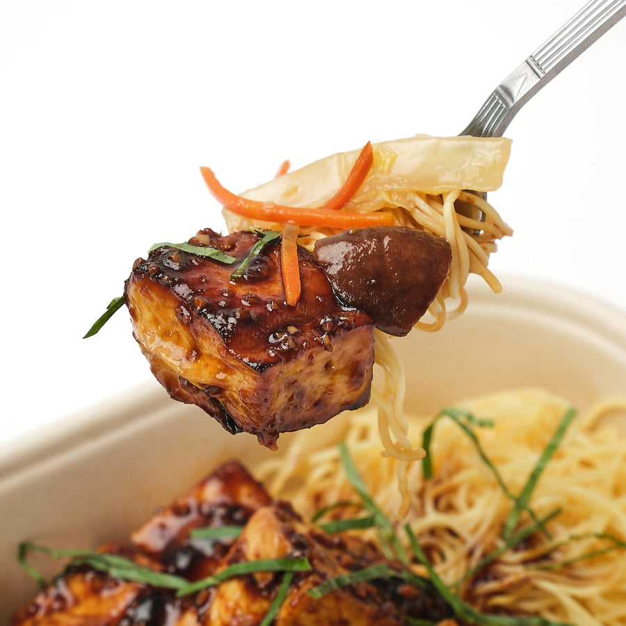 Taiwanese Basil Tofu with Braised Napa Cabbage, Carrots, Tofu Skin & Egg Noodles