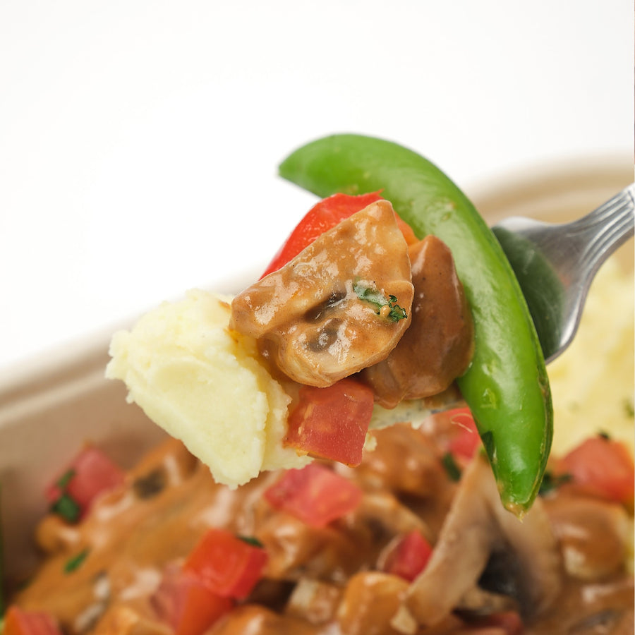 Mixed Mushroom Chasseur Stew with Red Peppers, Snow Peas & Mashed Potatoes