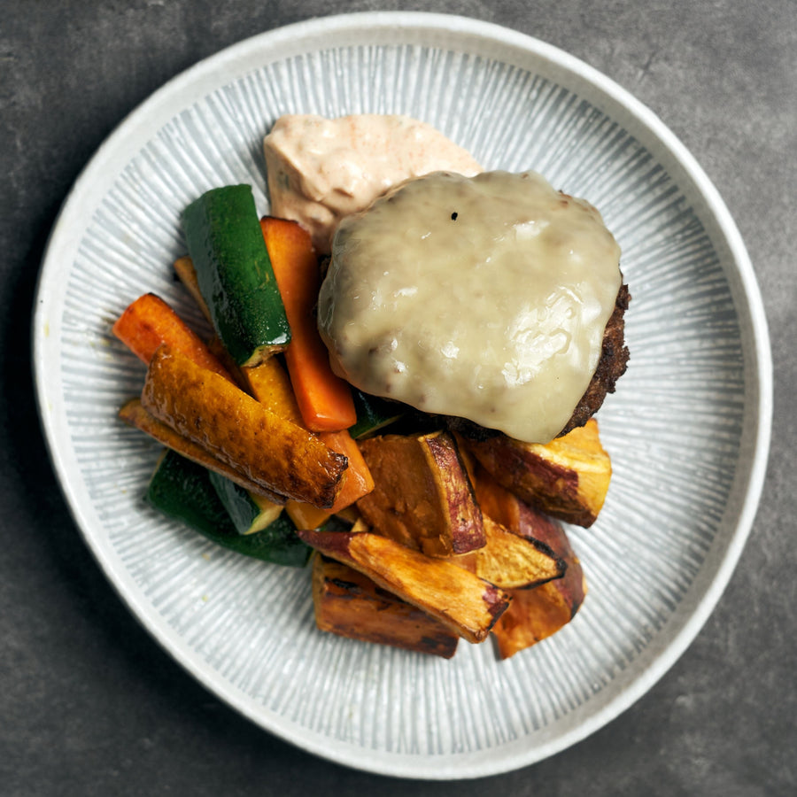 Naked Plant-Based Burger with Oven Baked Veggie Fries, Tangy Burger Sauce & Roasted Sweet Potato
